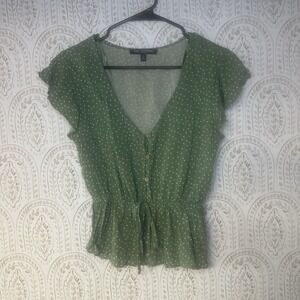 One Clothing Womens Small Blouse Green With‎ Poka Dots Vneck Short Sleeve Rayon